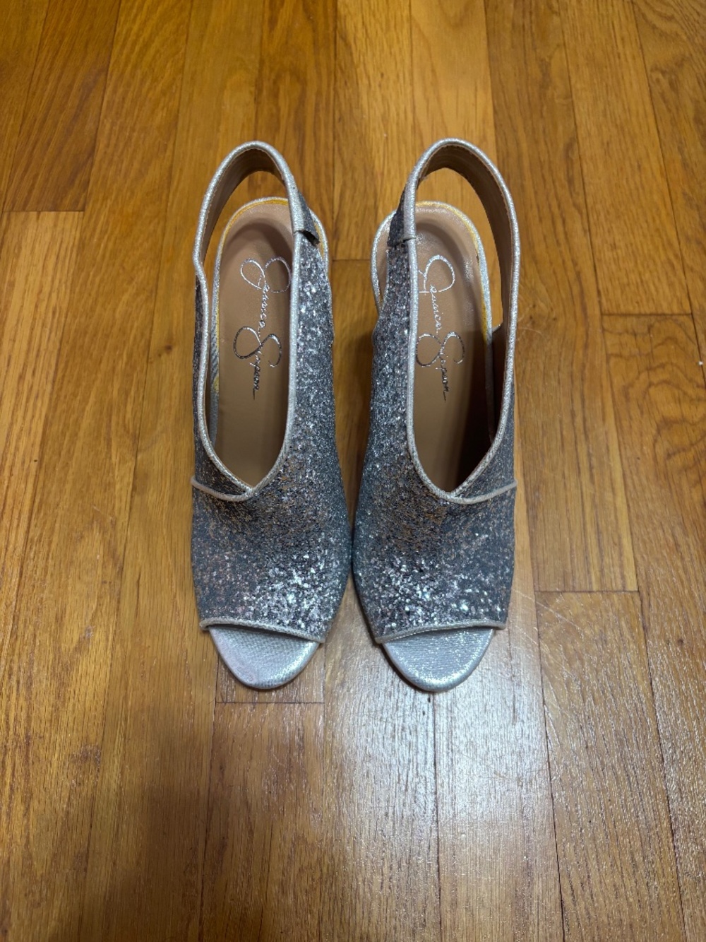 Jessica Simpson Silver Glitter Peep Toe Slingback Stiletto Heel